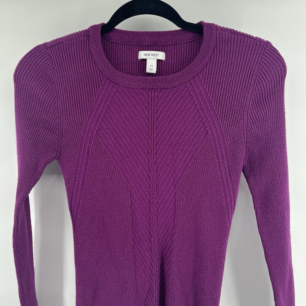 Nine West Womens Size Medium Sweater Purple Crew Neck Ribbed Metallic Fits Small - Picture 3 of 7